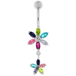 Moving Jeweled Flower Designed Belly Ring