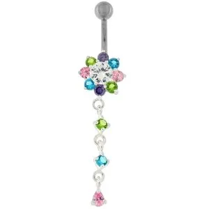 Moving Jeweled Flower Design Curved Bar Belly Ring