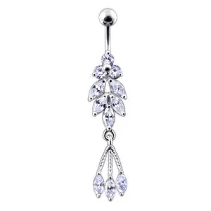 Fancy Jeweled Silver Dangling 316L SS Bar Belly Ring