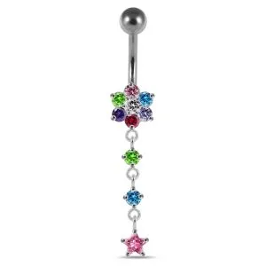 Moving Jeweled Flower Design Banana Bar Navel Ring