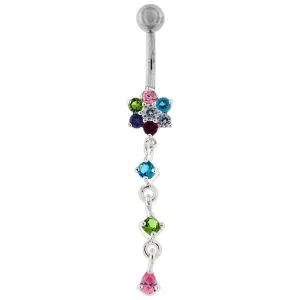 Sterling Silver Moving Jeweled Flower Design Navel Ring
