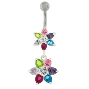 Moving Jeweled Flowers Design Belly Ring