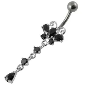 14 Gauge  Moving Jeweled Butterfly Design Banana Bar Navel Ring