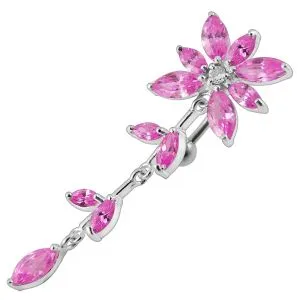 Flower Stone Studded Dangling Jeweled SS Bar Belly Ring