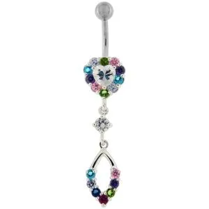 Silver Jeweled Heart Dangling With Surgical Bar Banana Navel Ring