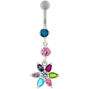 Flower Silver Dangling 316L SS Bar Navel body  Ring PBM1078