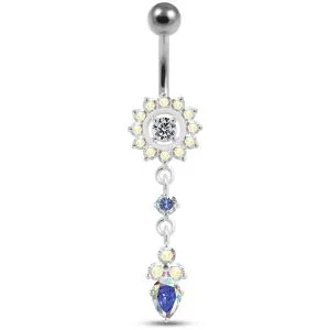 Silver Jeweled Flower Dangling With SS Banana Barbell Navel Belly Ring