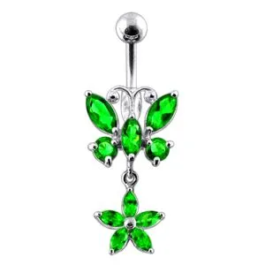 Butterfly and Flower  Silver Dangling  Navel Ring