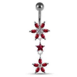 Red Double Flower Dangling SS Banana Curved Bar Navel Belly Ring