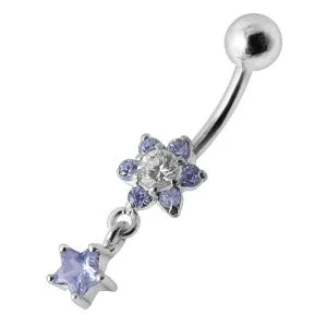 Flower Star Silver Jeweled Dangling SS Belly Button Ring 