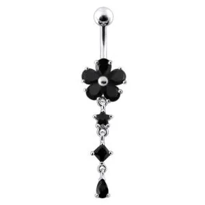 Pink Enamel Flower Silver Dangling SS Banana Barbell Belly Ring