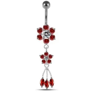Pink Jeweled Flower Dangling SS Curved Bar Belly Ring