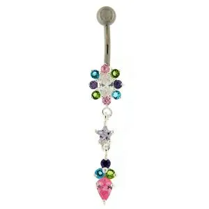 Silver Flower Dangling SS banana Bar Belly Button Ring 