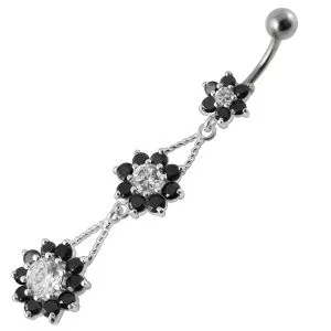 Silver Red CZ Jeweled Dangling Flower Belly Ring