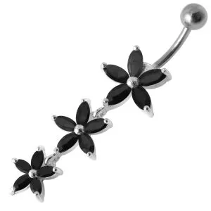 Pink Jeweled 3 Dangling Flower SS Bar Navel Belly Ring