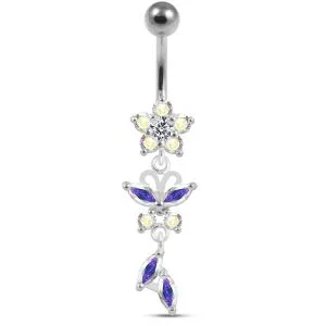 Jeweled Dangling Flower SS Bar Banana Bar Belly Ring
