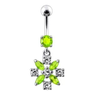 Silver Flower Jeweled Dangling Navel Belly Ring