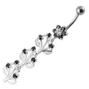 Jeweled Tree Silver Dangling SS Bar Banana Navel Body Jewelry Belly Ring