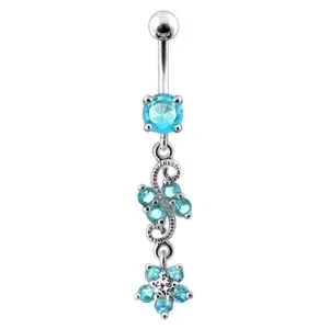 14 Gauge Dangling Jeweled Flower Steel Banana Bar Navel Ring