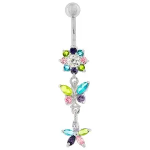 Dangling Jeweled Butterfly Flower SS Bar Navel Ring