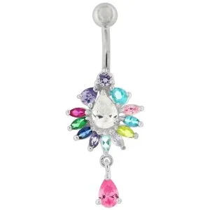 Silver Fancy Dangling Multi Stone Studded Jeweled Belly Ring