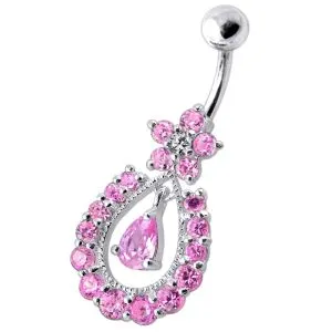 Dangling Pear Shape Jeweled Heart SS Bar Navel Ring