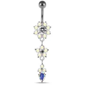 Jeweled Dangling Silver Flower With SS Curved Bar Navel Ring
