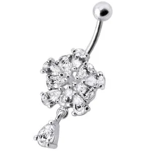 Vintage Pink Jewled Fancy Silver Flower Dangling Banana Bar Navel Belly Ring