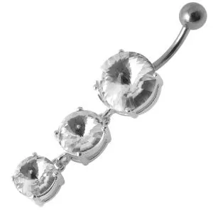 Fancy 3 CZ Stone Studded Silver Dangling Curved Navel Belly Ring Body Jewelry