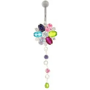 Flower Dangling Jeweled Navel Ring