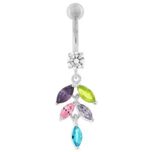 Silver Fancy White CZ Jeweled Dangling SS Banana Bar Navel Ring Body Jewelry 