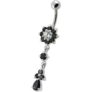 14 Gauge Fancy Jeweled Flower Dangling Curved Bar Belly Ring