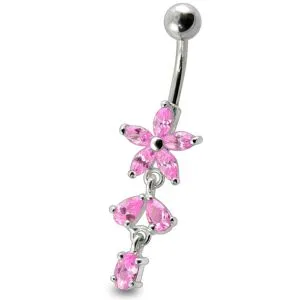 Fancy Purple CZ Jeweled Non Moving Silver Flower Dangling SS Bar Belly Ring