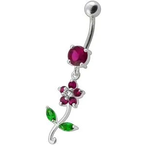 Fancy White Flower With Green Jeweled Leafs  Dangling Navel Banana Bar Ring