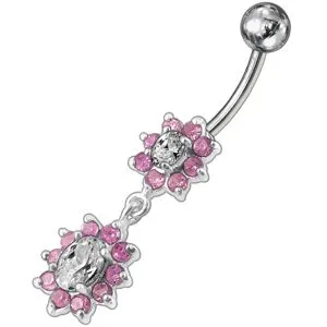 Fancy Pink Stone Jeweled Multi Flower Dangling Navel Ring