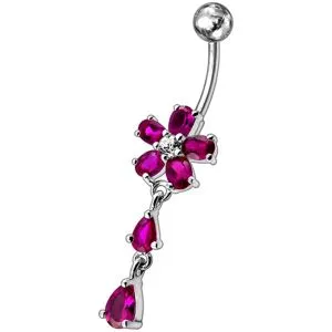 Fancy Jeweled Flower With Silver Dangling SS Bar Navel Ri