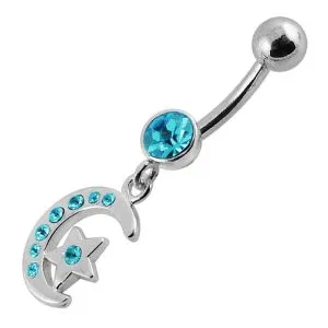 Jeweled Star Moon Fancy Silver Dangling SS Banana Bar Belly Ring
