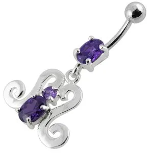 Red Silver Jeweled Fancy Dangling Belly Ring With SS Curved Bar
