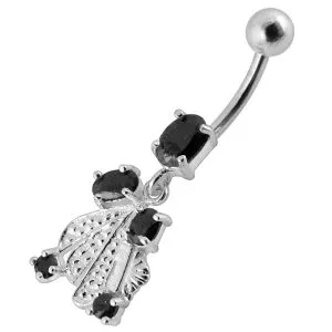 Red Jeweled Fancy Silver Dangling Belly Ring With SS Banana Bar