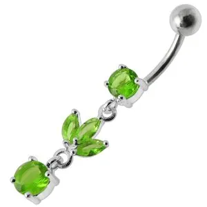 Silver Fancy Leaf Design Purple Jeweled Dangling Belly Ring