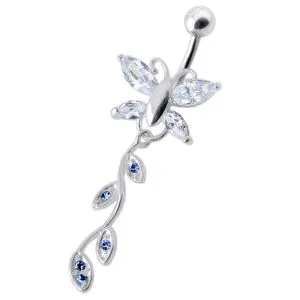 Pink Jeweled Butterfly Silver Dangling Belly Ring With SS Banana Bar