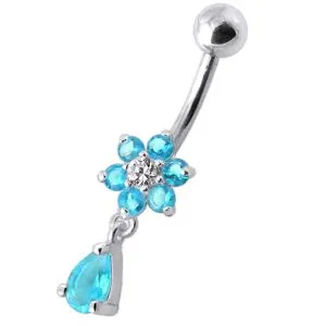 Fancy White Jeweled Flower Silver Dangling With SS Belly Ring