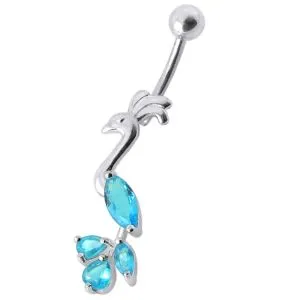 Fancy Jeweled Peafowl Dangling SS Bar Navel Ring Bod Jewelry