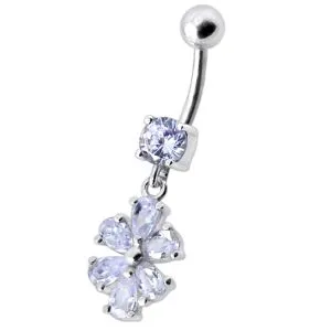 Fancy Green Stone Flower Jeweled Silver Dangling With SS Bar Navel Ring