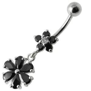 Fancy Black Jeweled Wheel Dangling 316L SS Belly Ring Body jewelry