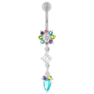 Fancy Purple Jeweled Flower Dangling Banana Belly Ring