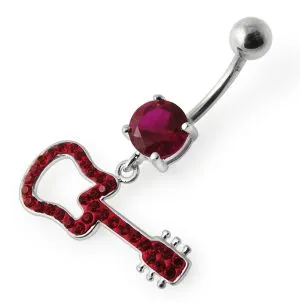 Silver Fancy Blue Stone Jeweled GUITAR Dangling Navel Ring