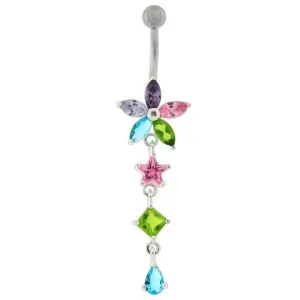 Pink Stone Studded Jeweled Flower Navel Ring