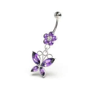 Flower with Dangling butterfly Navel Belly Piercing