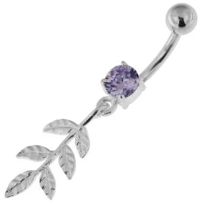 Tree Leaf with single Stone Jewel 925 Sterling Silver Belly Ring